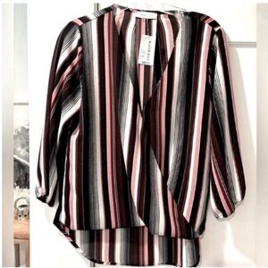 Abbeline NEW long sleeve crossover front striped top black pink womens small